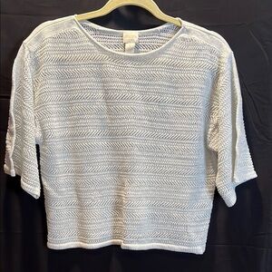 Chicos Women’s White Metallic 3/4 Sleeve open weave Knit Top